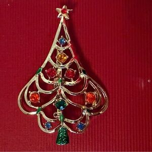 BEATRIX BROOCH PIN CHRISTMAS TREE VINTAGE SIGNED GOLD WITH RED BLUE RHINESTONES
